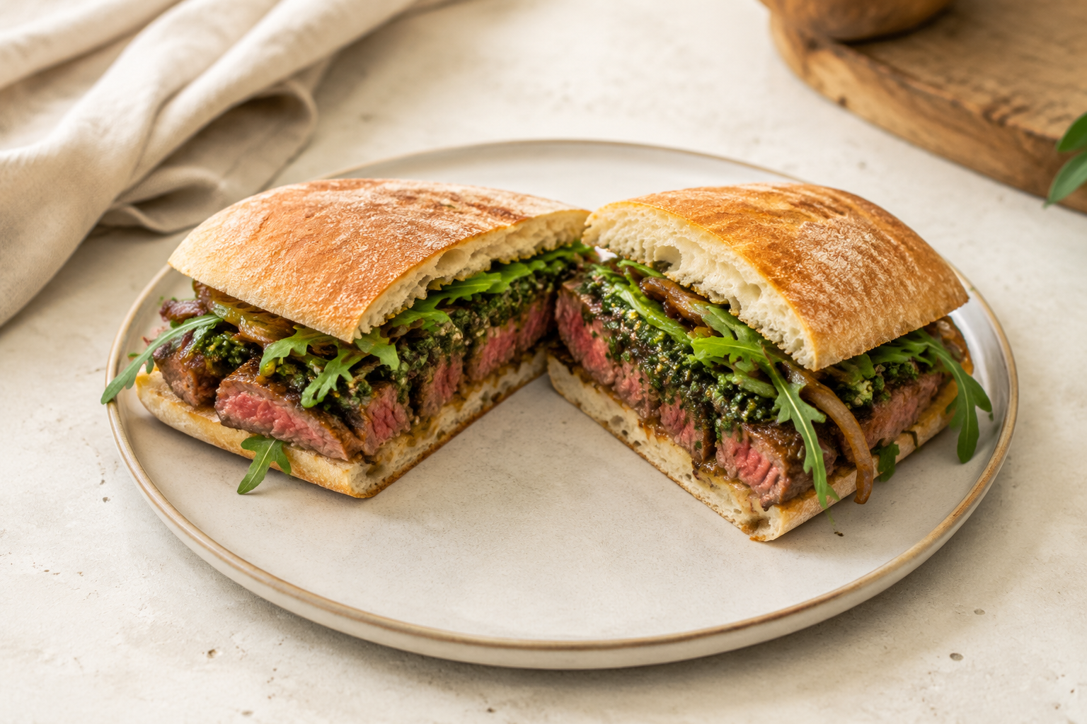 Broodje bavette met chimichurri en gekaramelliseerde ui