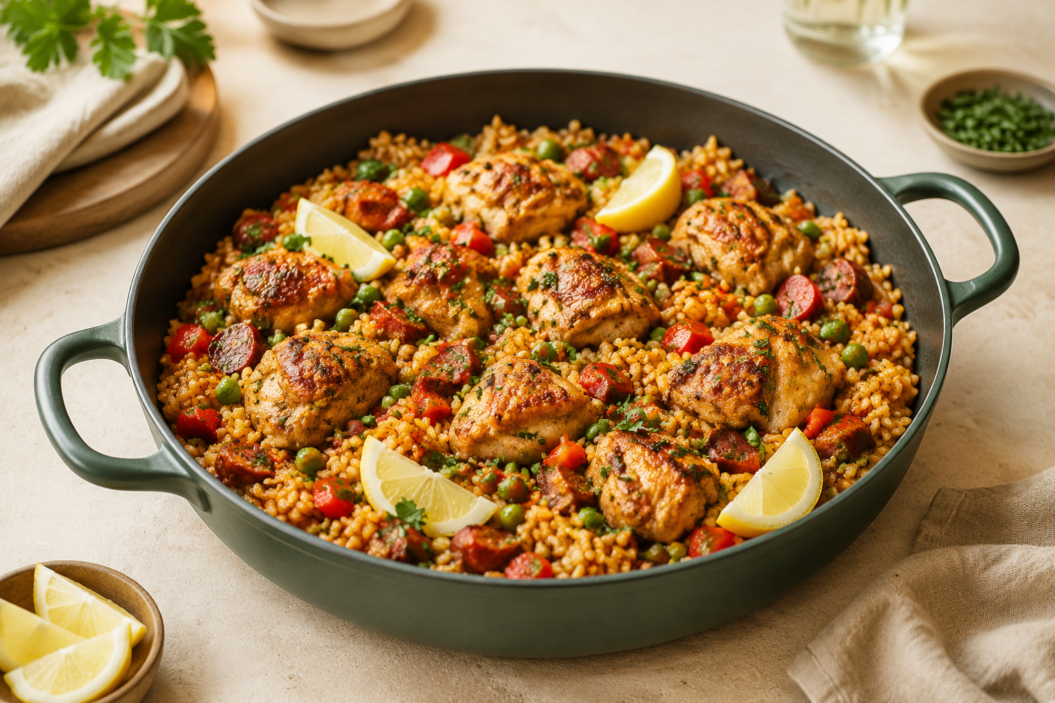 Eenpans rijstschotel met kippendijen, chorizo en doperwten