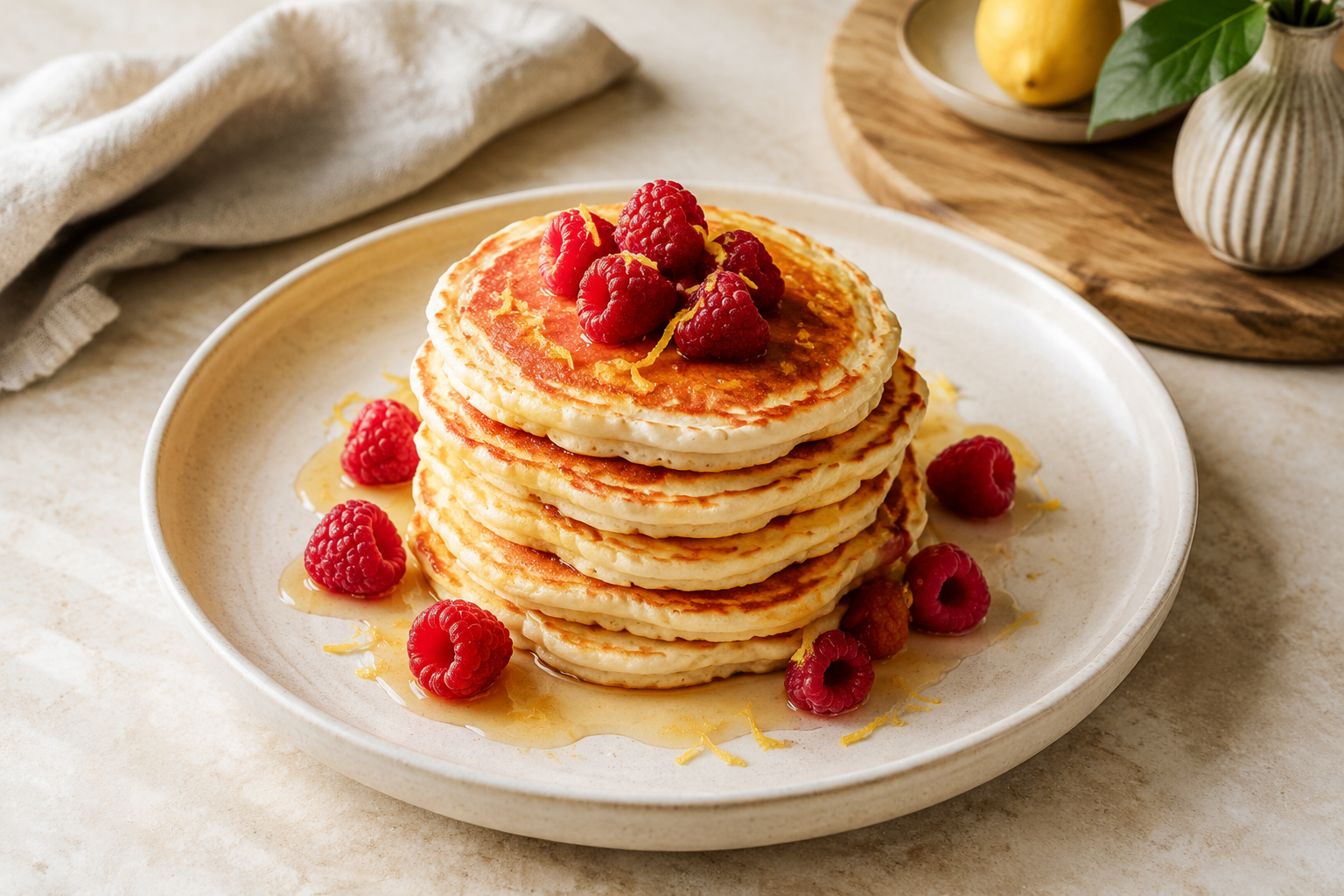 Fluffy ricotta pannenkoekjes met citroen en verse frambozen