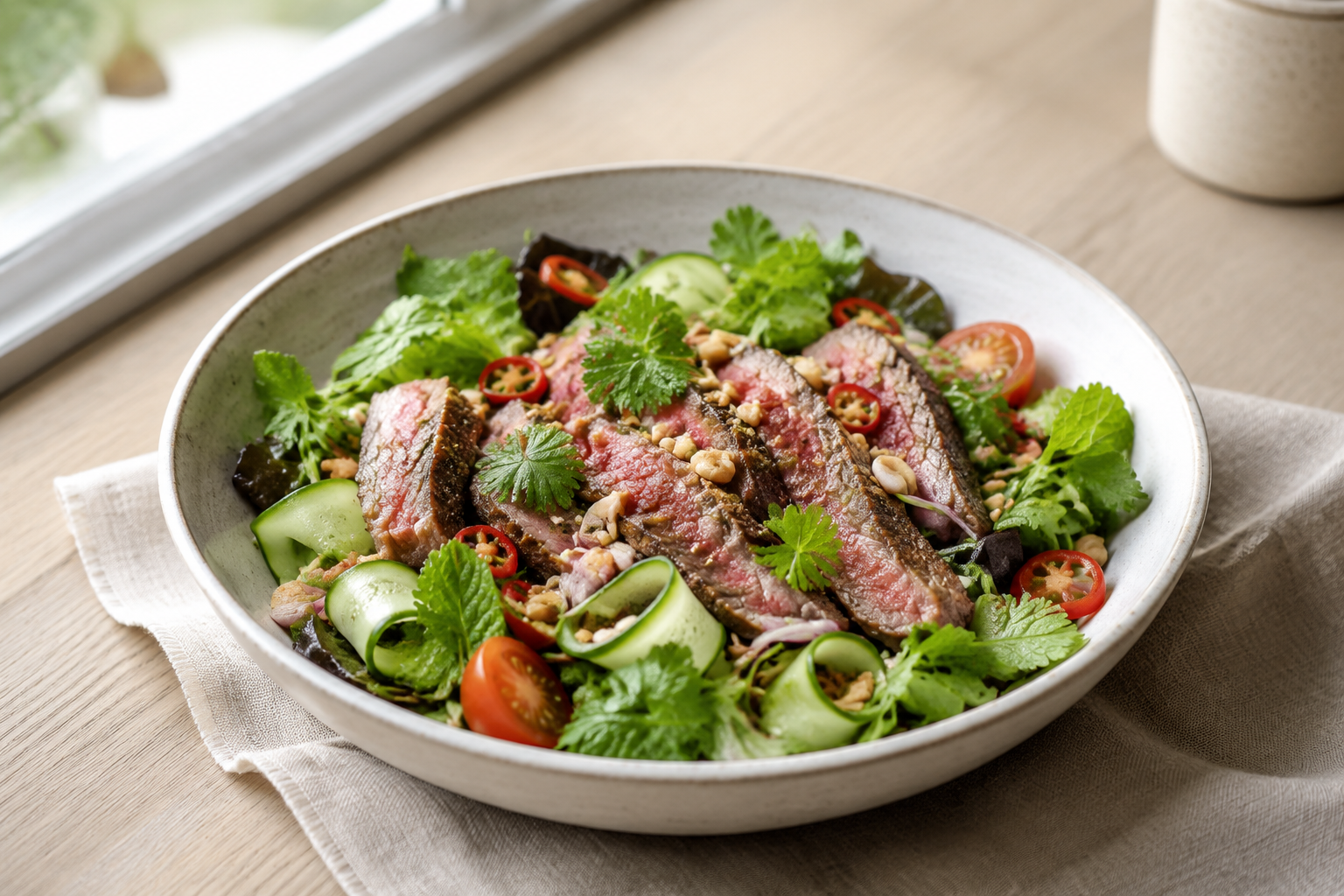 Frisse Thaise biefstuksalade met komkommer, munt en pinda's als hoofdafbeelding