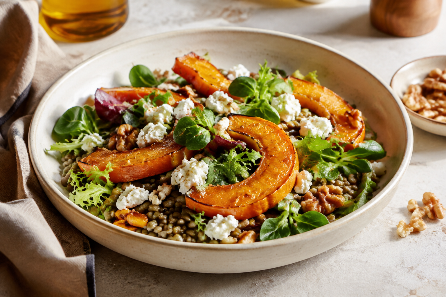 Herfstsalade met pompoen, linzen en geitenkaas