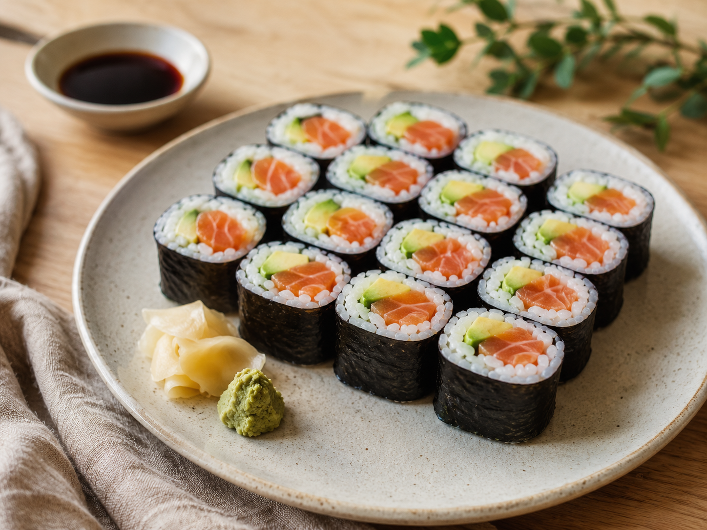 Huisgemaakte Zalm en Avocado Maki Sushi als hoofdafbeelding