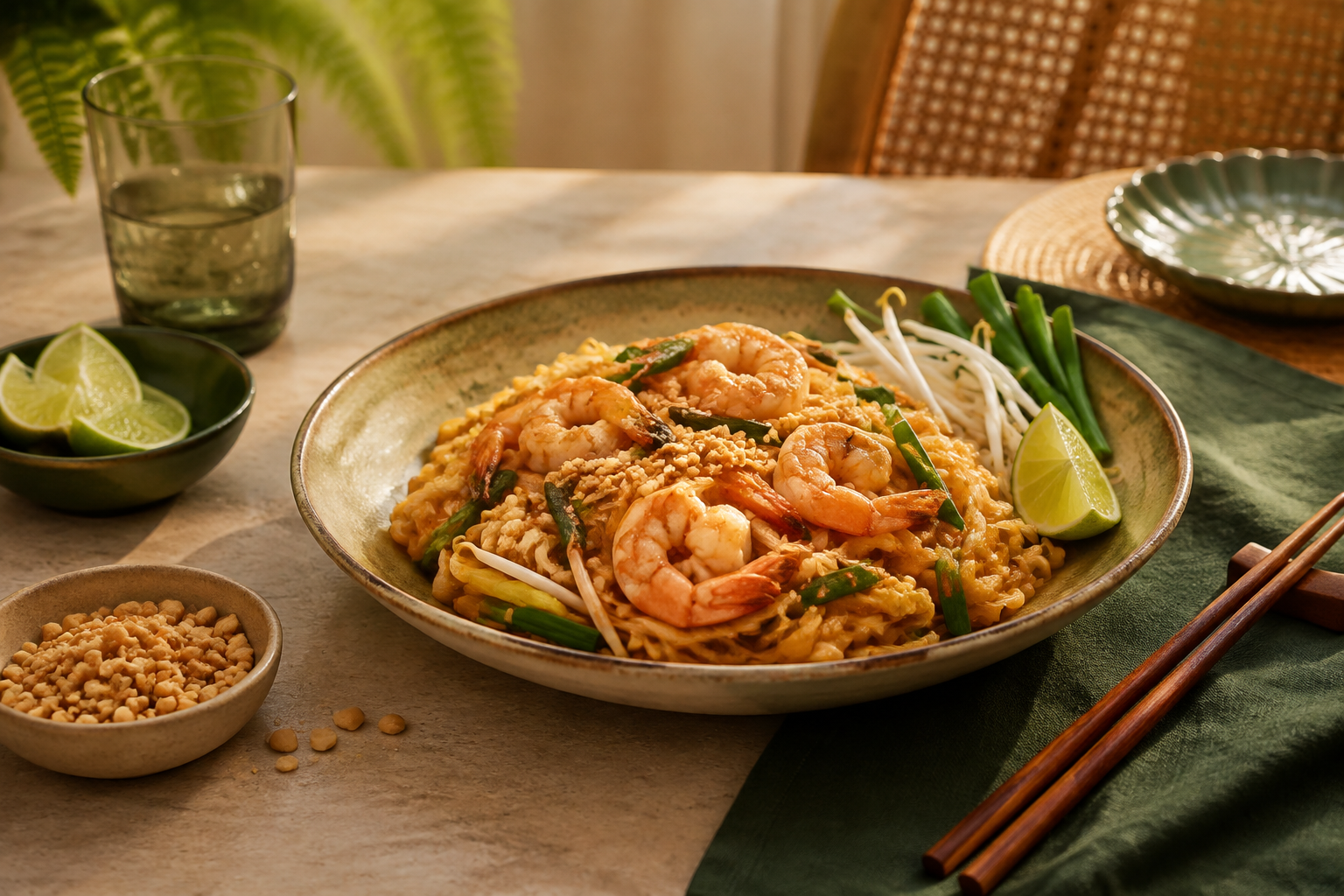 Sfeerfoto van Klassieke Pad Thai met Garnalen en Taugé