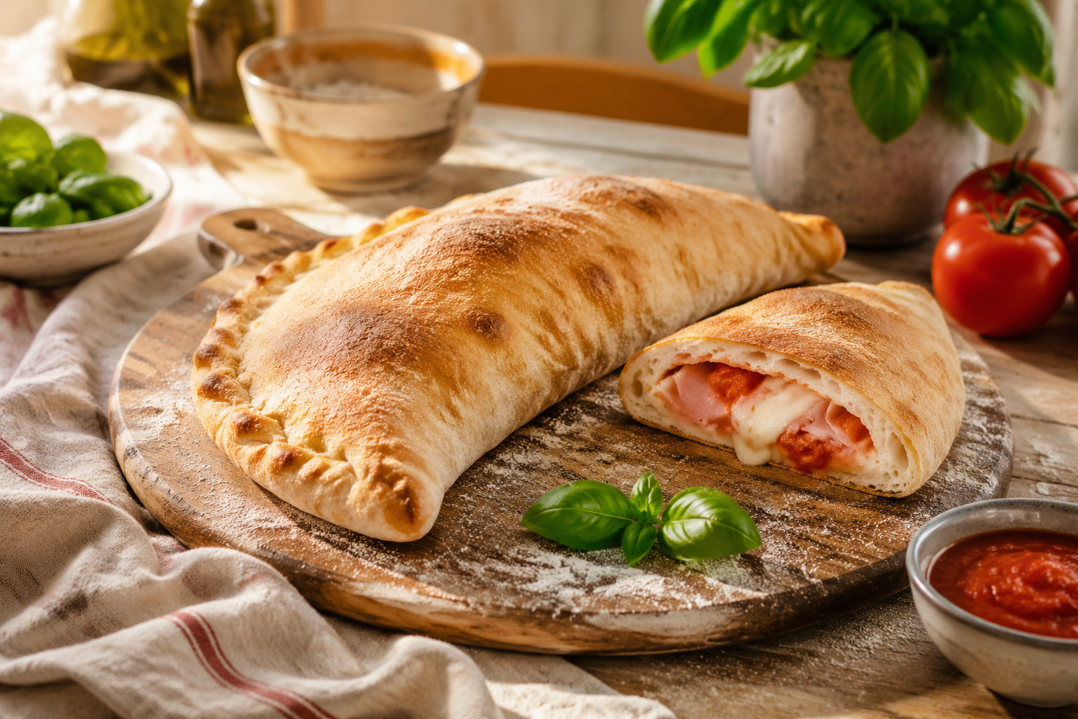 Sfeerfoto van Klassieke Pizza Calzone met Ham en Mozzarella