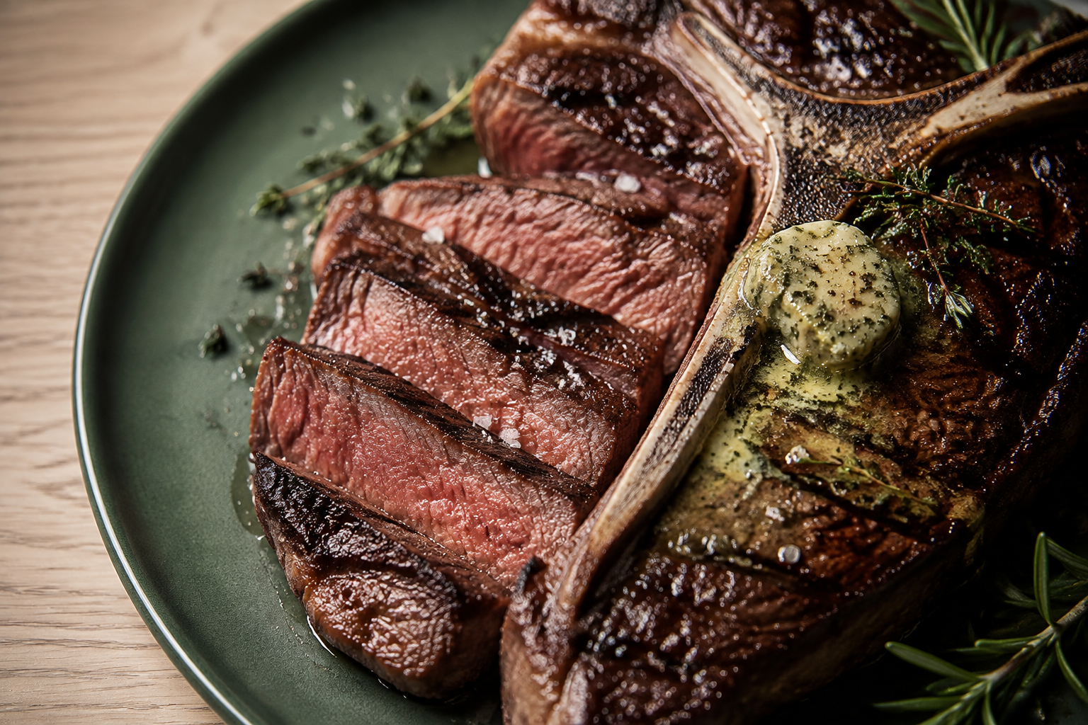 Close-up van Klassieke T-bone Steak met Verse Kruidenboter