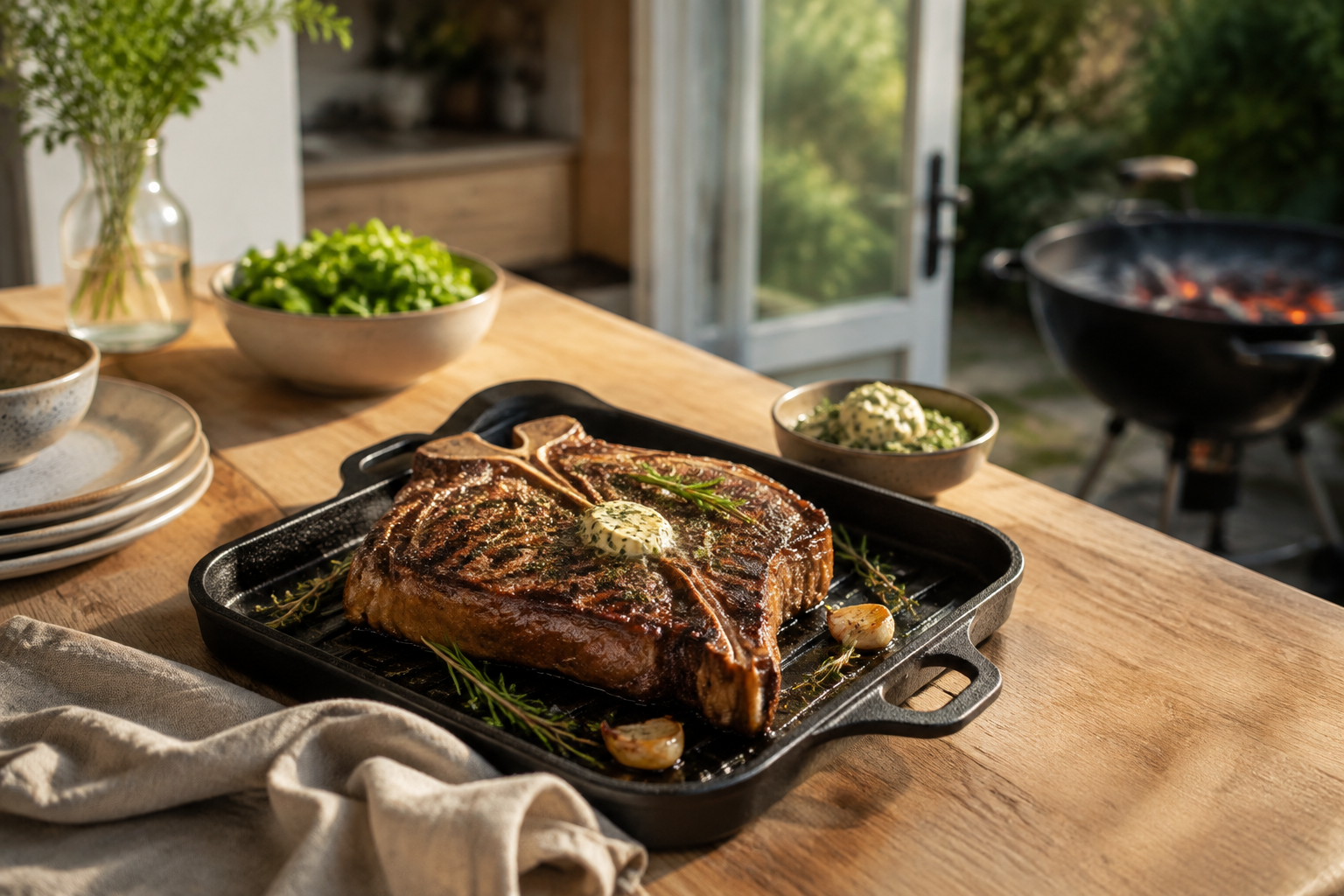 Sfeerfoto van Klassieke T-bone Steak met Verse Kruidenboter