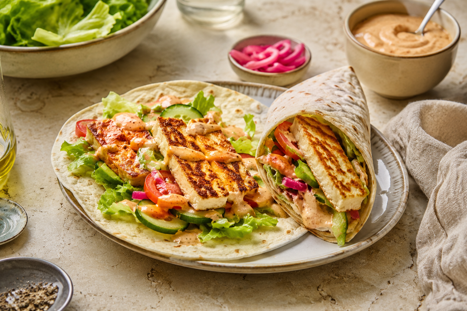 Krokante halloumiwraps met harissa-yoghurt