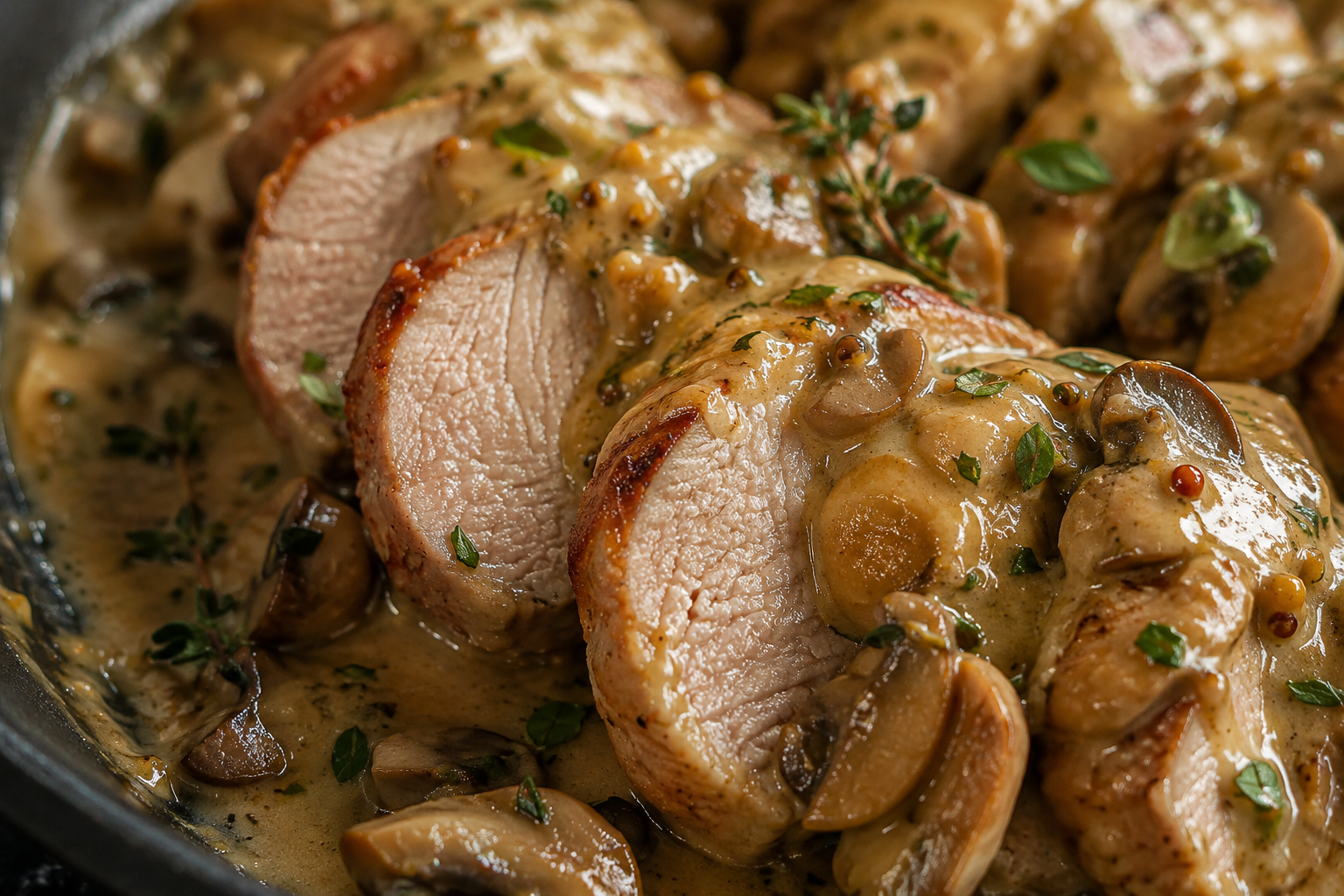 Close-up van Malse varkenshaasmedaillons met romige champignonsaus