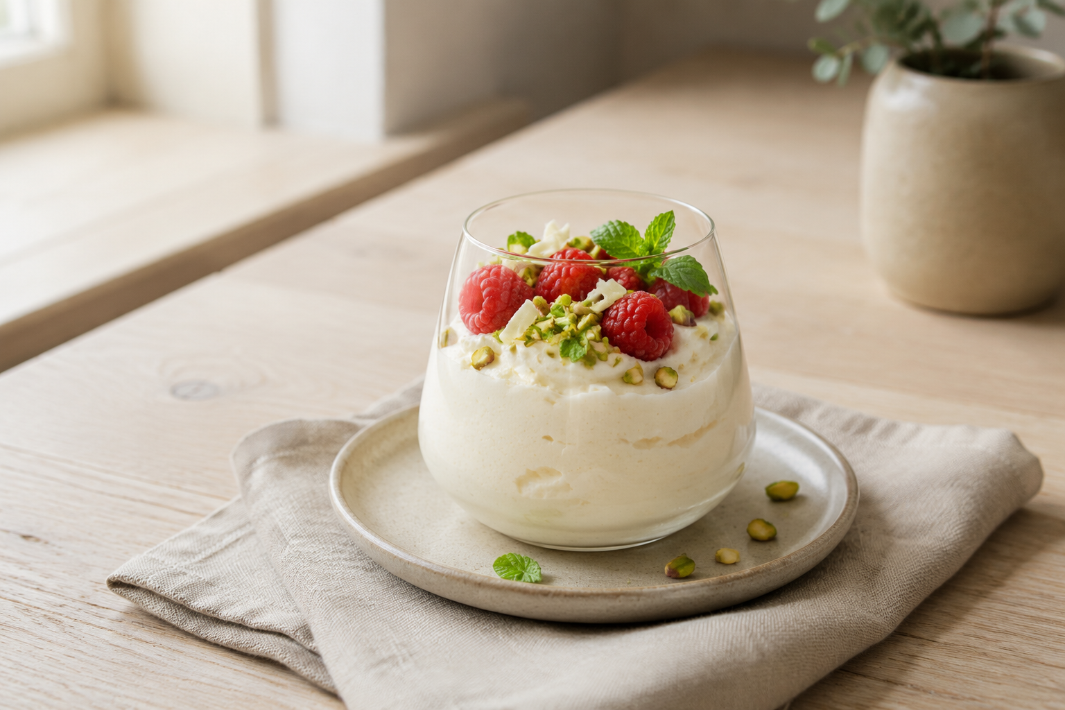 Romige Witte Chocolademousse met Frambozen en Pistache als hoofdafbeelding