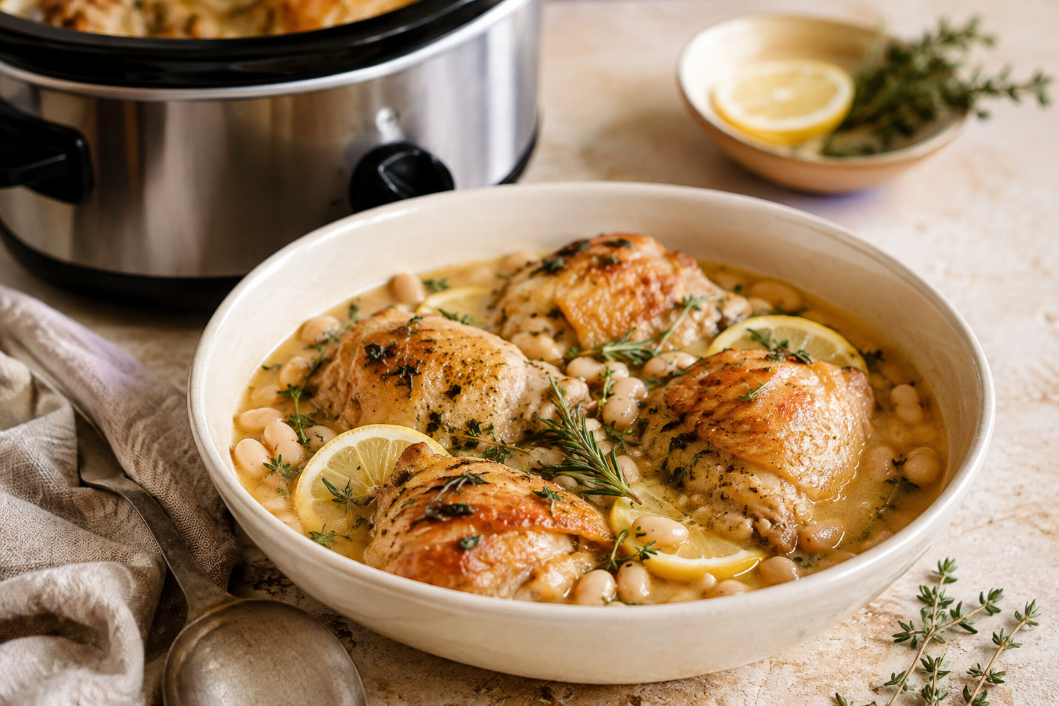 Slowcooker citroen-knoflookkip met witte bonen