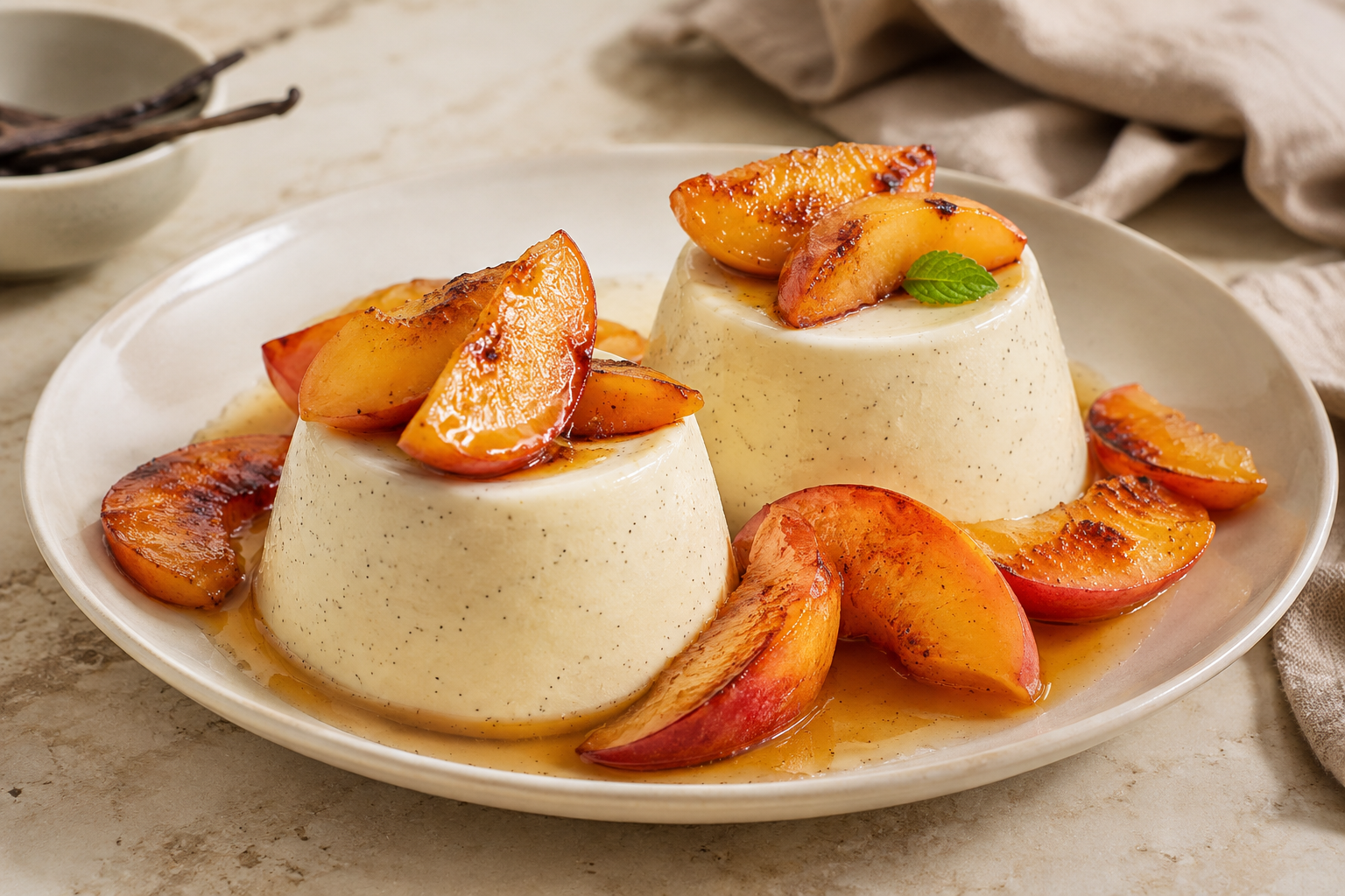 Vanille-panna cotta met geroosterde perzik